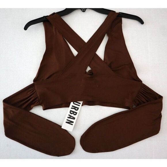 Urban Outfitters OB1280565 Women's Sz M Brown Satin Plunging Tie Back Crop Top - Picture 2 of 6